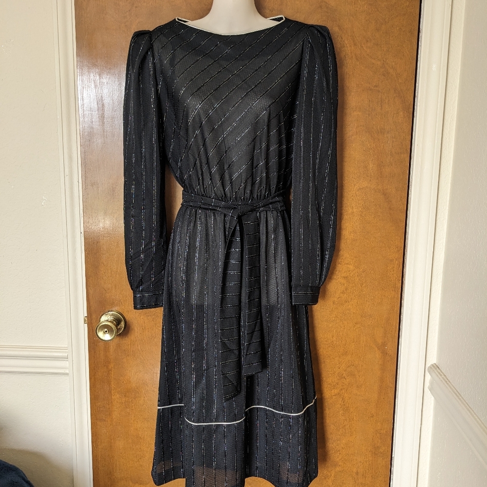 Vintage Franky B Black Silver Striped Semi-sheer Knee Length Dress
